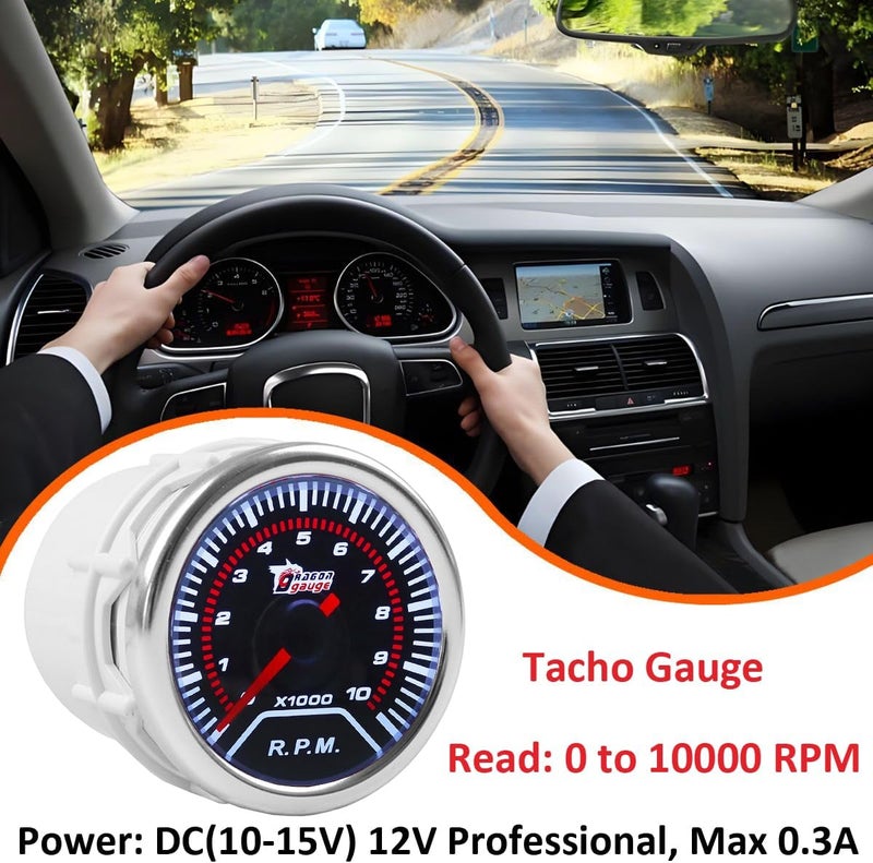 LKRXW Car Tacho Gauge 2" 52mm Auto Tachometer Gauge Meter Universal RPM Pointer Gauges 12V Bright Light Indicator Speedmeter Meter Smoke Len 0 to 10000 RPM - Image 3
